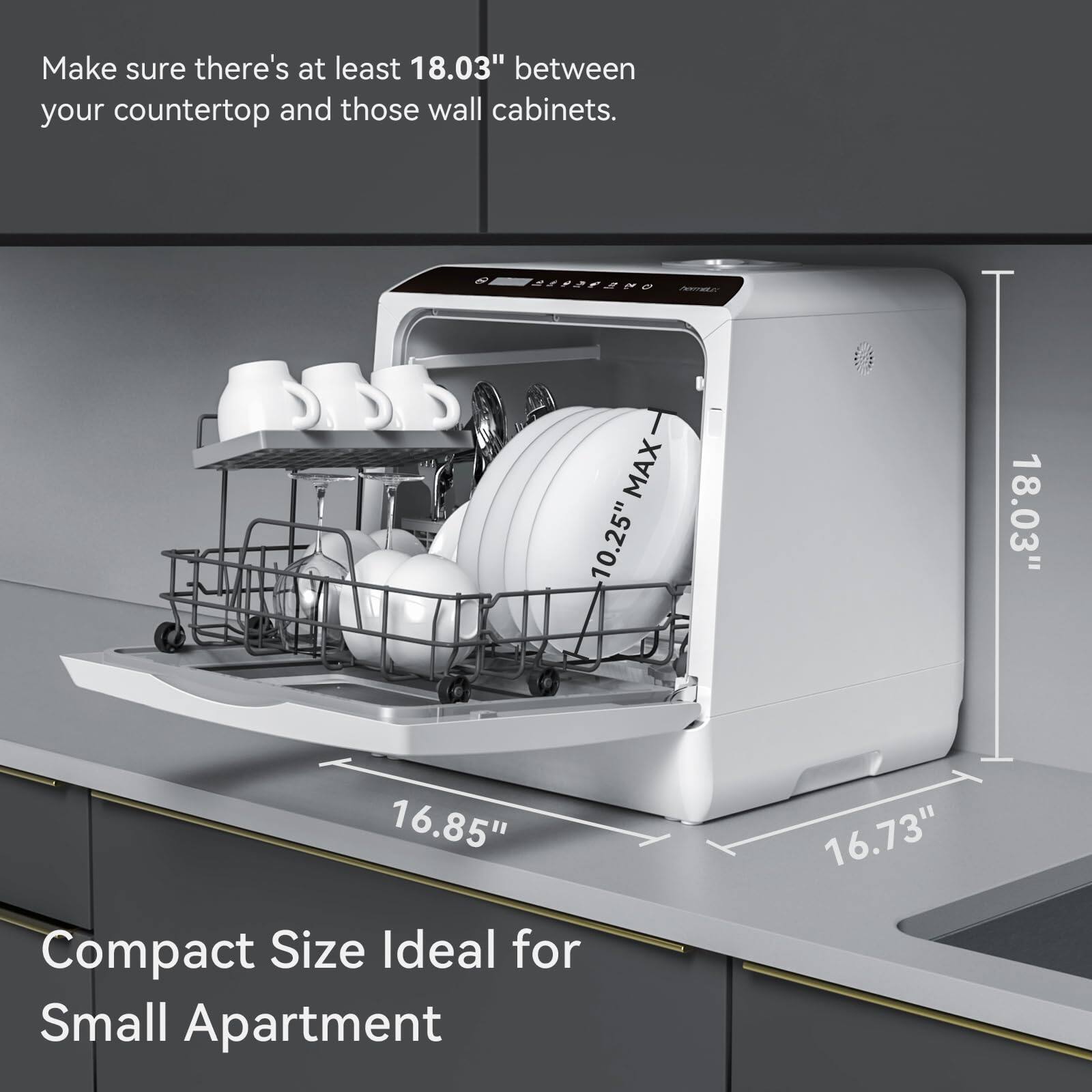 Make sure there's at least 18.03" between your countertop and those wall cabinets.

Compact Size Ideal for Small Apartment

18.03"
16.85"
16.73"