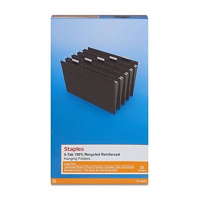 Staples  
5-Tab 100% Recycled Reinforced Hanging Folders  
Legal Size  
Standard Green  
The Rads Are Recyclable  
25  
ST16402