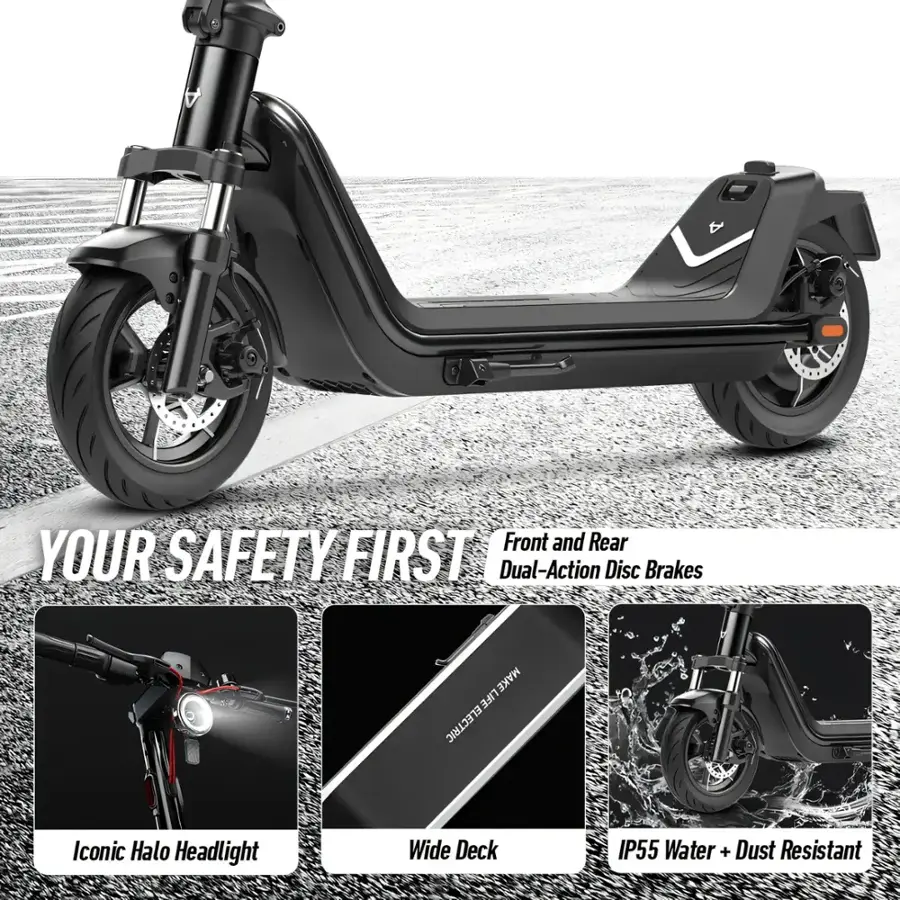 Front and Rear Dual-Action Disc Brakes Your Safety First Iconic Halo Headlight Wide Deck IP55 Water + Dust Resistant