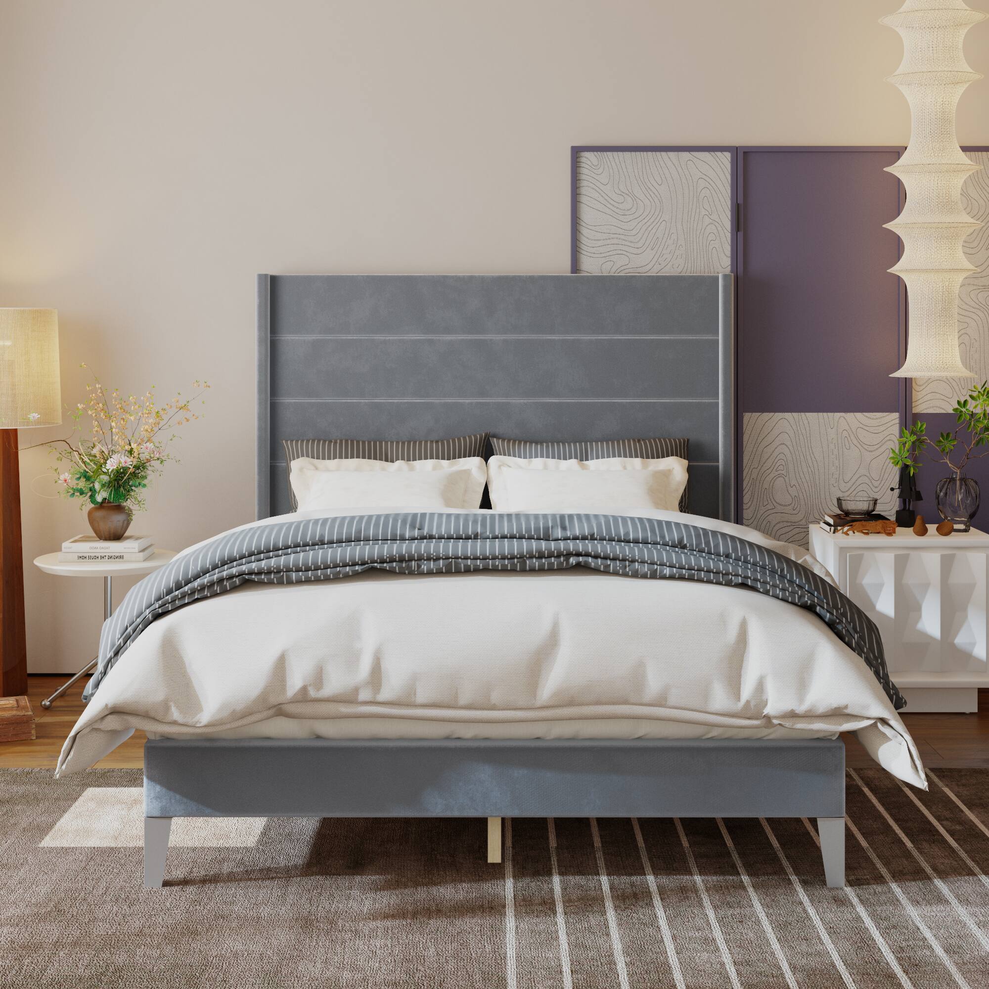 Alt View 9. Famapy - Famapy Upholstered Bed Frame - Thickened Slats, Stable Support, Soft Headboard - Blue.