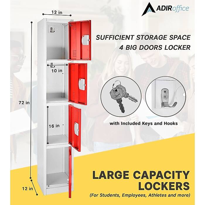 ADIRoffice SUFFICIENT STORAGE SPACE 4 BIG DOORS LOCKER with Included Keys and Hooks LARGE CAPACITY LOCKERS (For Students, Employees, Athletes and more) 12 in 10 in 72 in 16 in