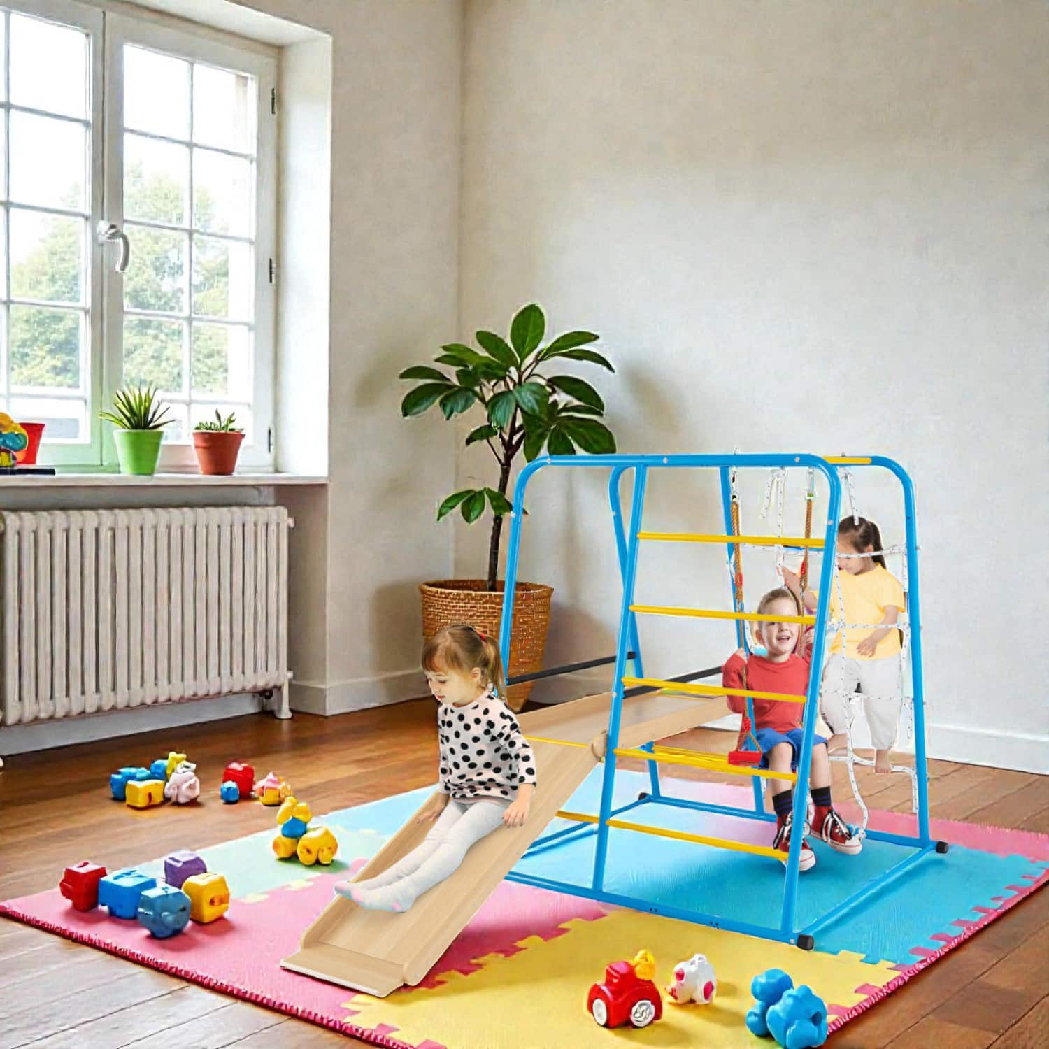 BreeBe - 6-in-1 Kids Indoor Playset with Slide and Fun Jungle Gym for Boys & Girls Ages 3+ - Blue