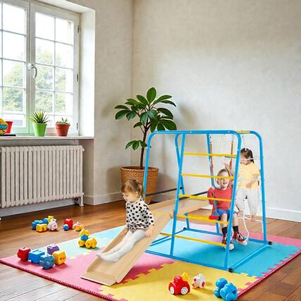 Front. BreeBe - 6-in-1 Kids Indoor Playset with Slide and Fun Jungle Gym for Boys & Girls Ages 3+ - Blue.