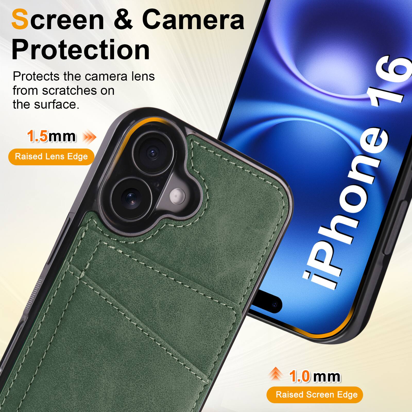 Screen & Camera Protection  
Protects the camera lens from scratches on the surface.  
1.5mm Raised Lens Edge  
1.0 mm Raised Screen Edge