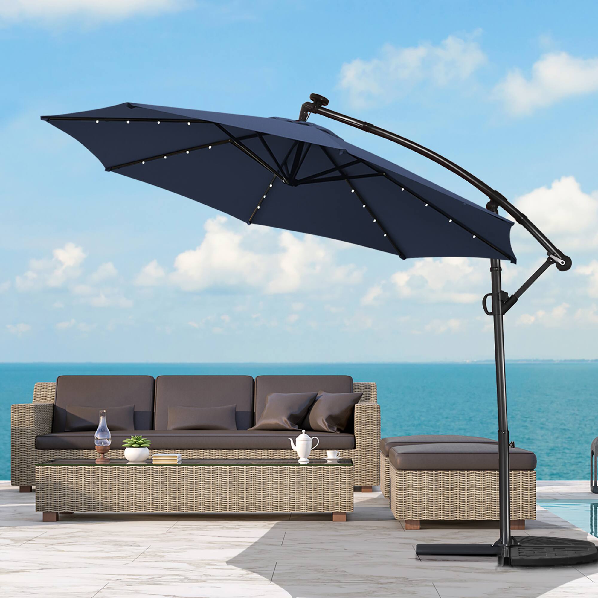 Alt View 8. Costway - 10FT Patio Offset Umbrella Solar Powered LED 360Degree Rotation Aluminum - Navy.