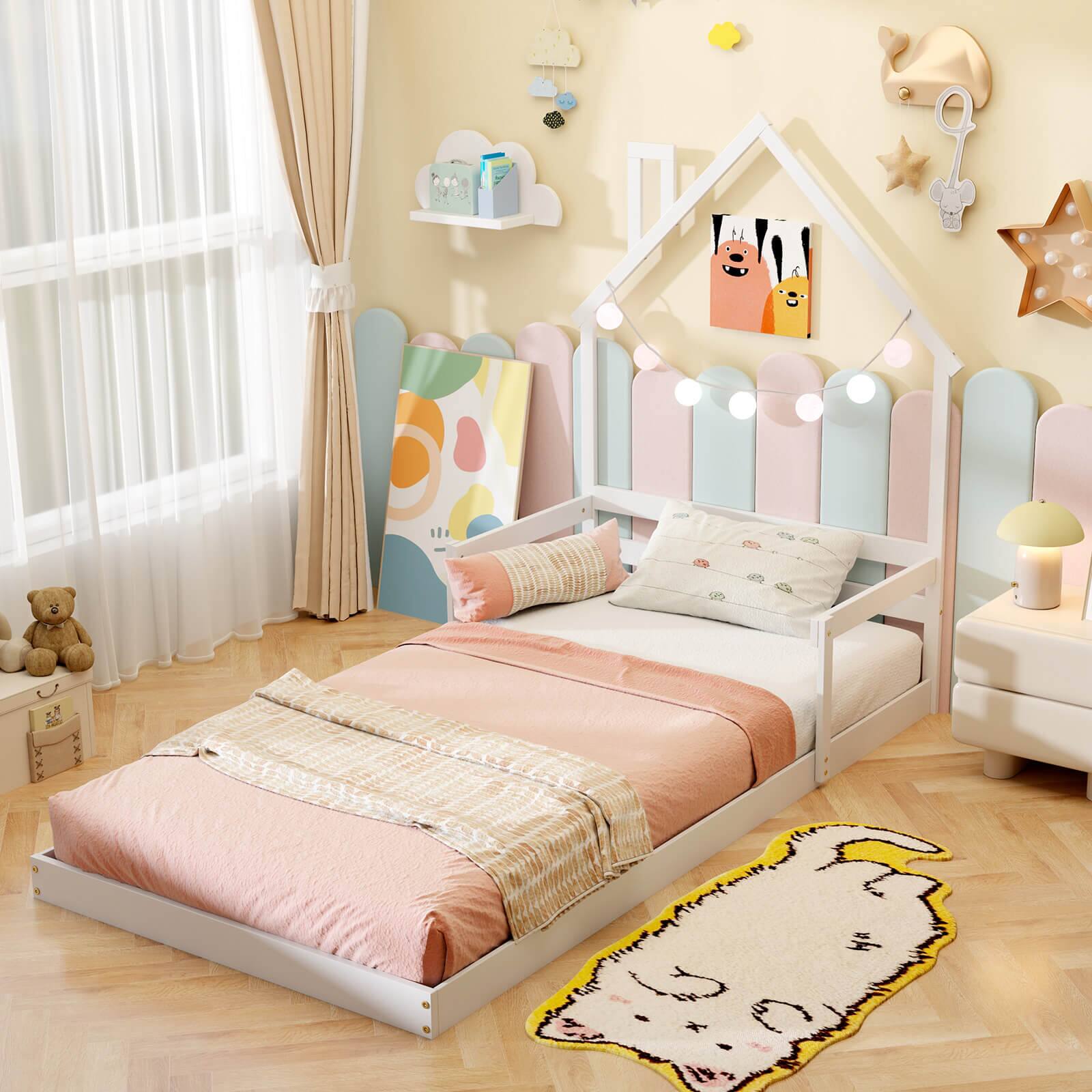 Alt View 1. Costway - Costway Twin Size Floor Bed for Kids with Chimney Headboard & Handrail White - White.