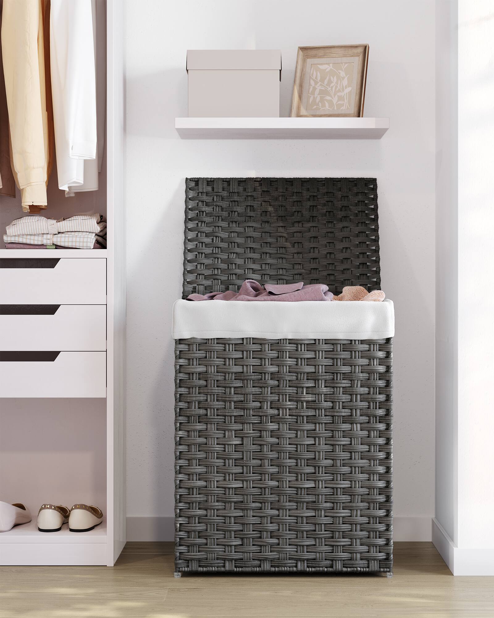 Alt View 5. Songmics Home - Laundry Hamper with Lid, 23.8 Gallon (90 L) Synthetic Rattan Clothes Laundry Basket with Lid and Handles, Foldable - Dove Gray.