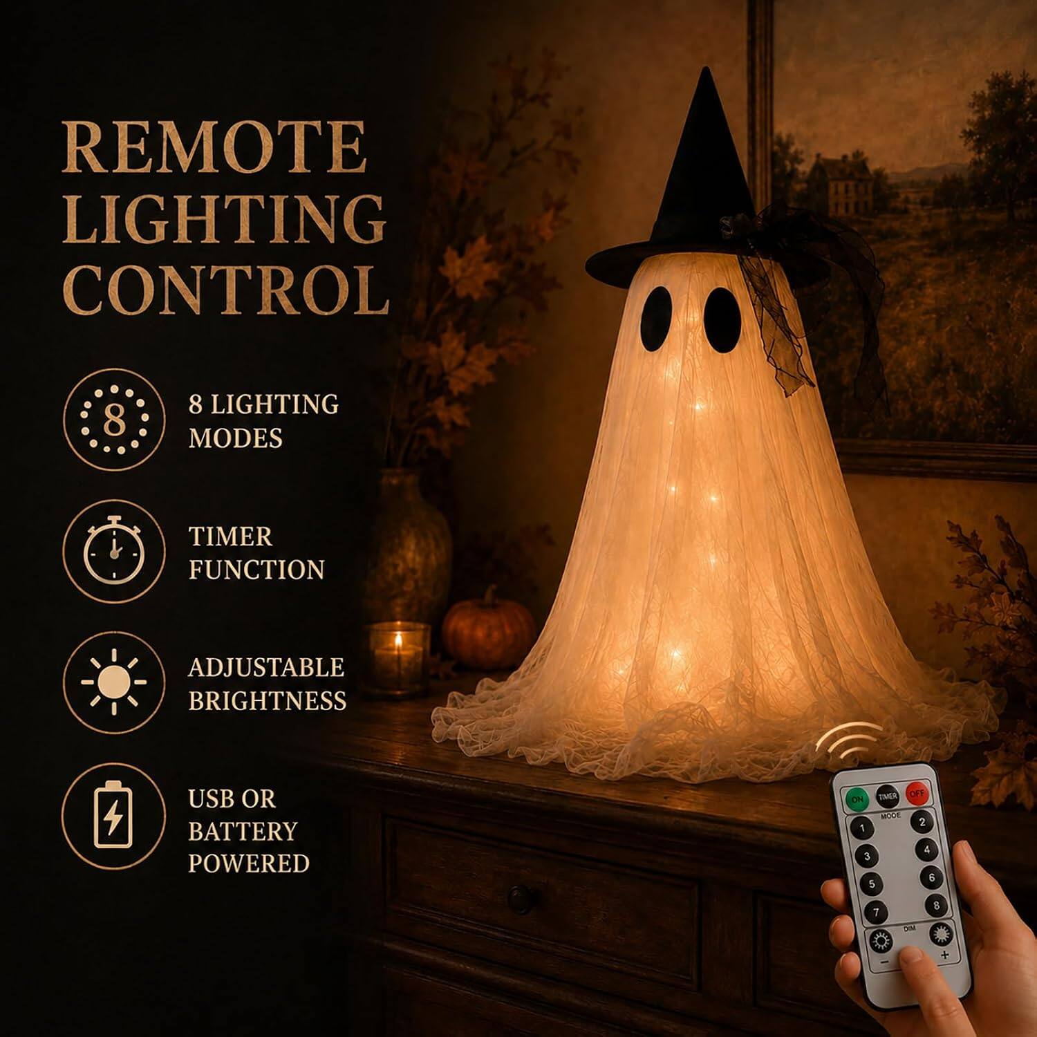 REMOTE LIGHTING CONTROL

8 LIGHTING MODES

TIMER FUNCTION

ADJUSTABLE BRIGHTNESS

USB OR BATTERY POWERED
