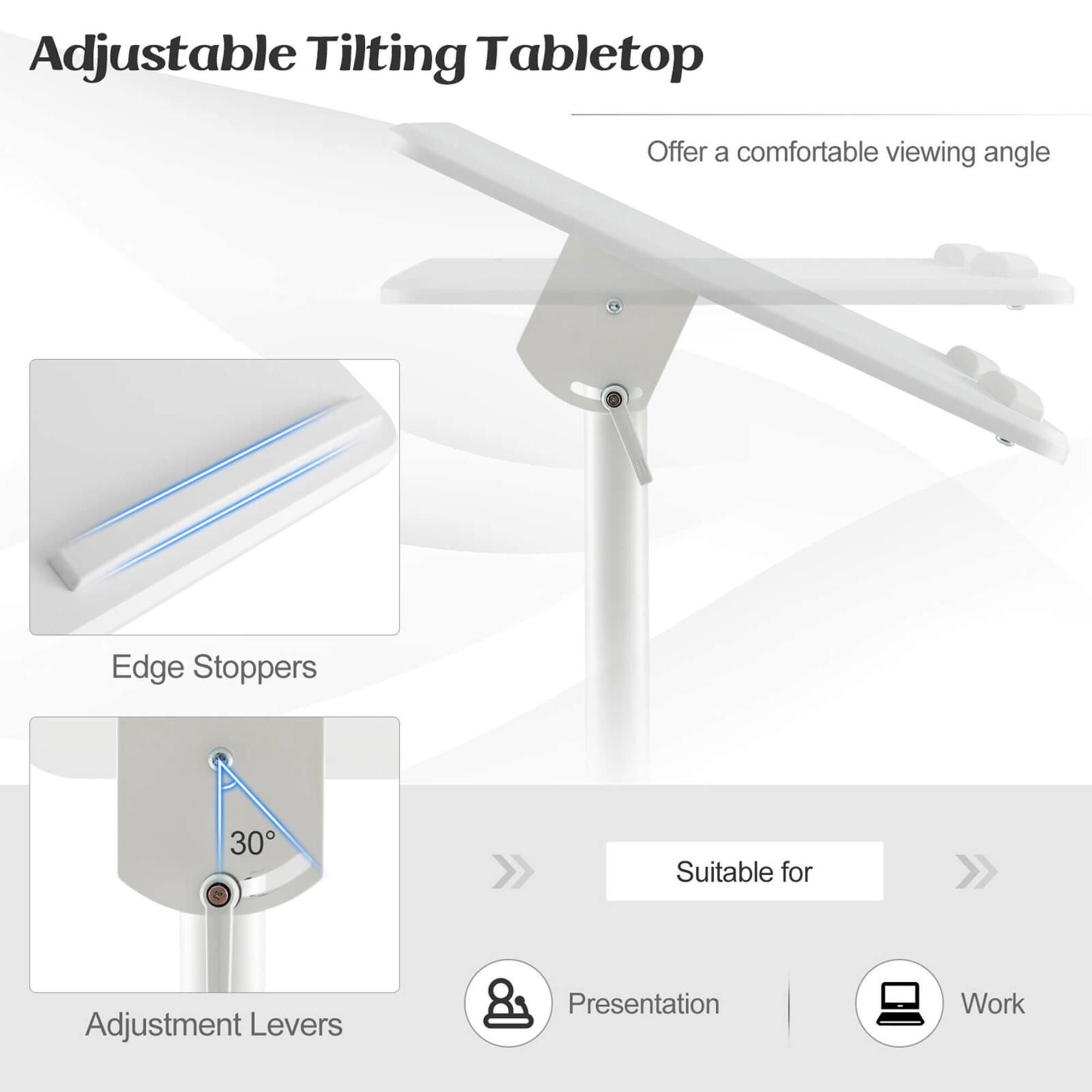 Adjustable Tilting Tabletop: Offer a comfortable viewing angle. Edge Stoppers: 30 Suitable for Adjustment Levers. Presentation: Work.