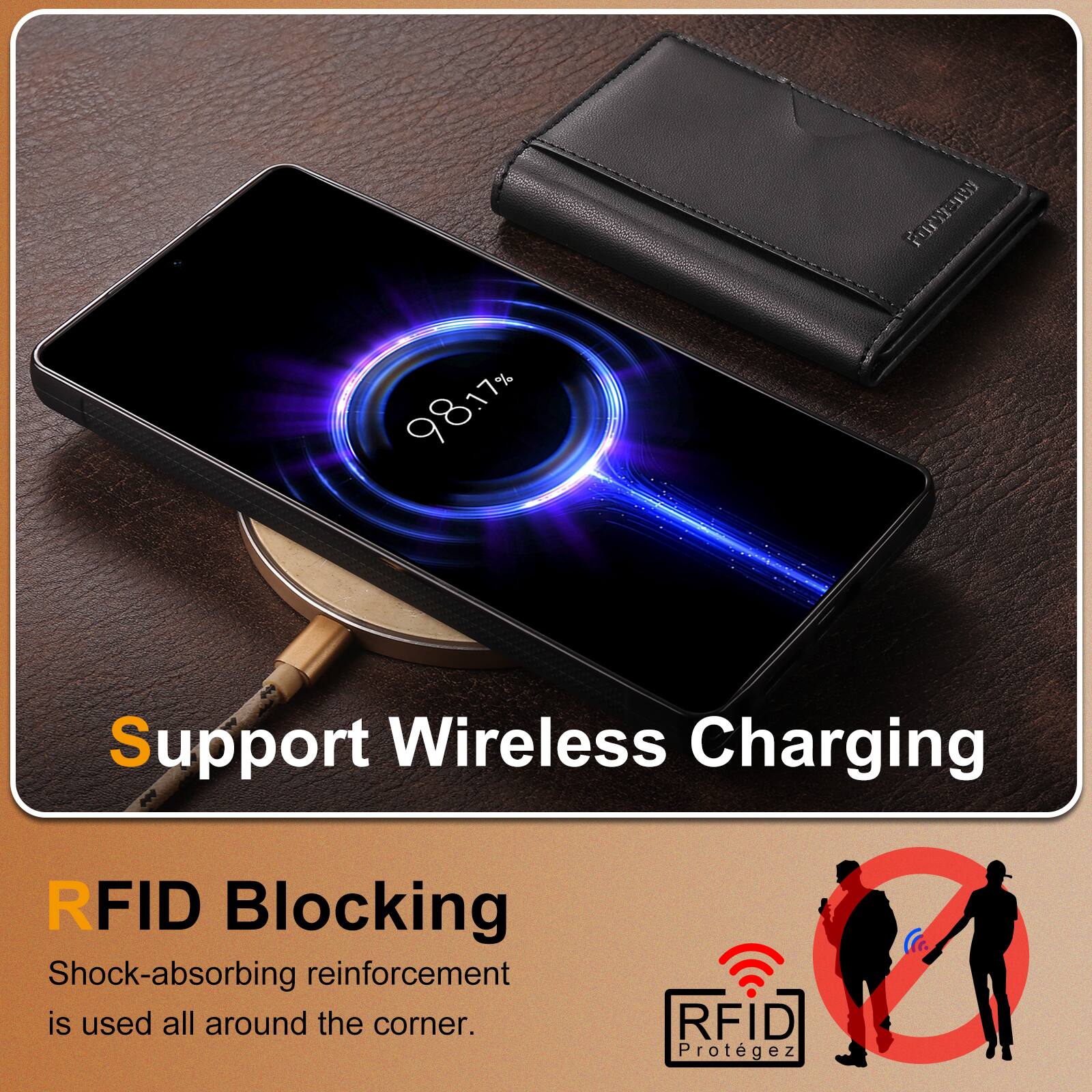 Support Wireless Charging

RFID Blocking  
Shock-absorbing reinforcement is used all around the corner.