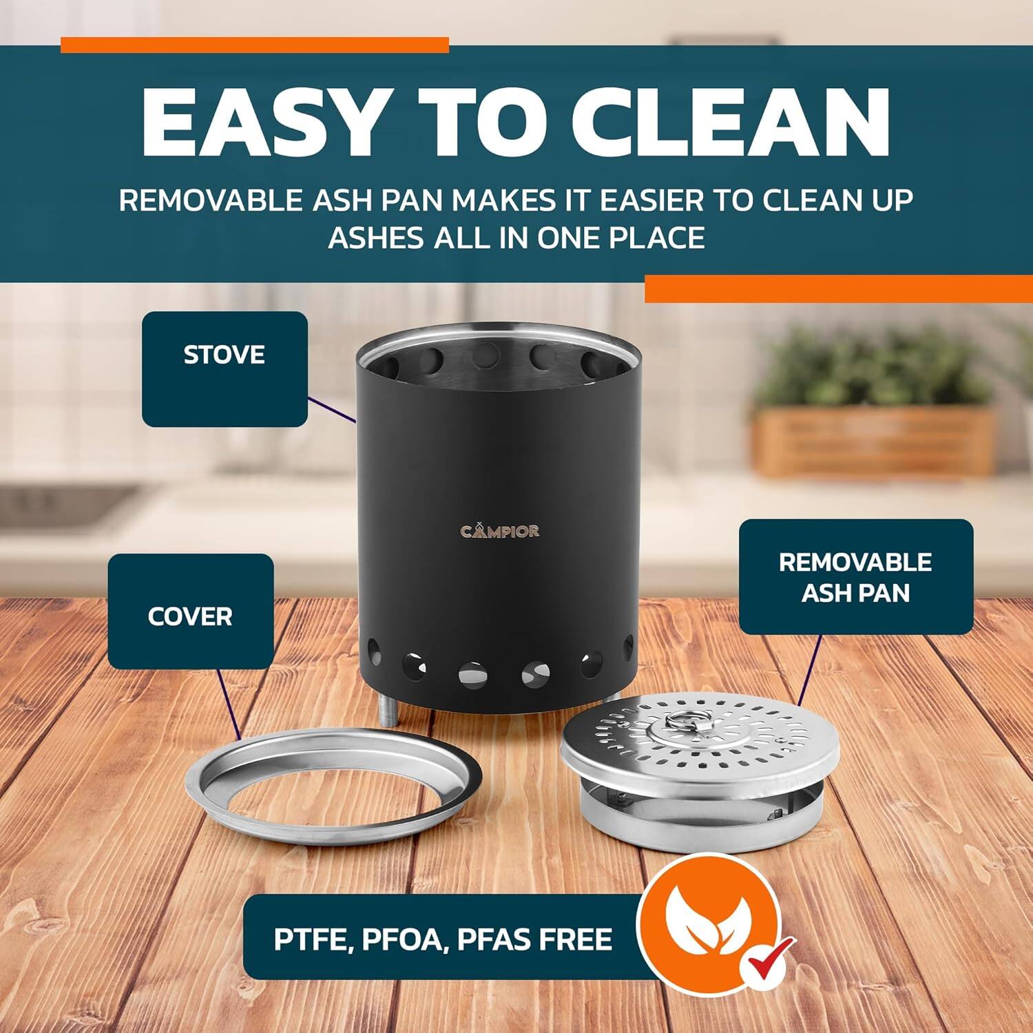 EASY TO CLEAN, REMOVABLE ASH PAN MAKES IT EASIER TO CLEAN UP ASHES ALL IN ONE PLACE, STOVE, COVER, REMOVABLE ASH PAN, PTFE, PFOA, PFAS FREE