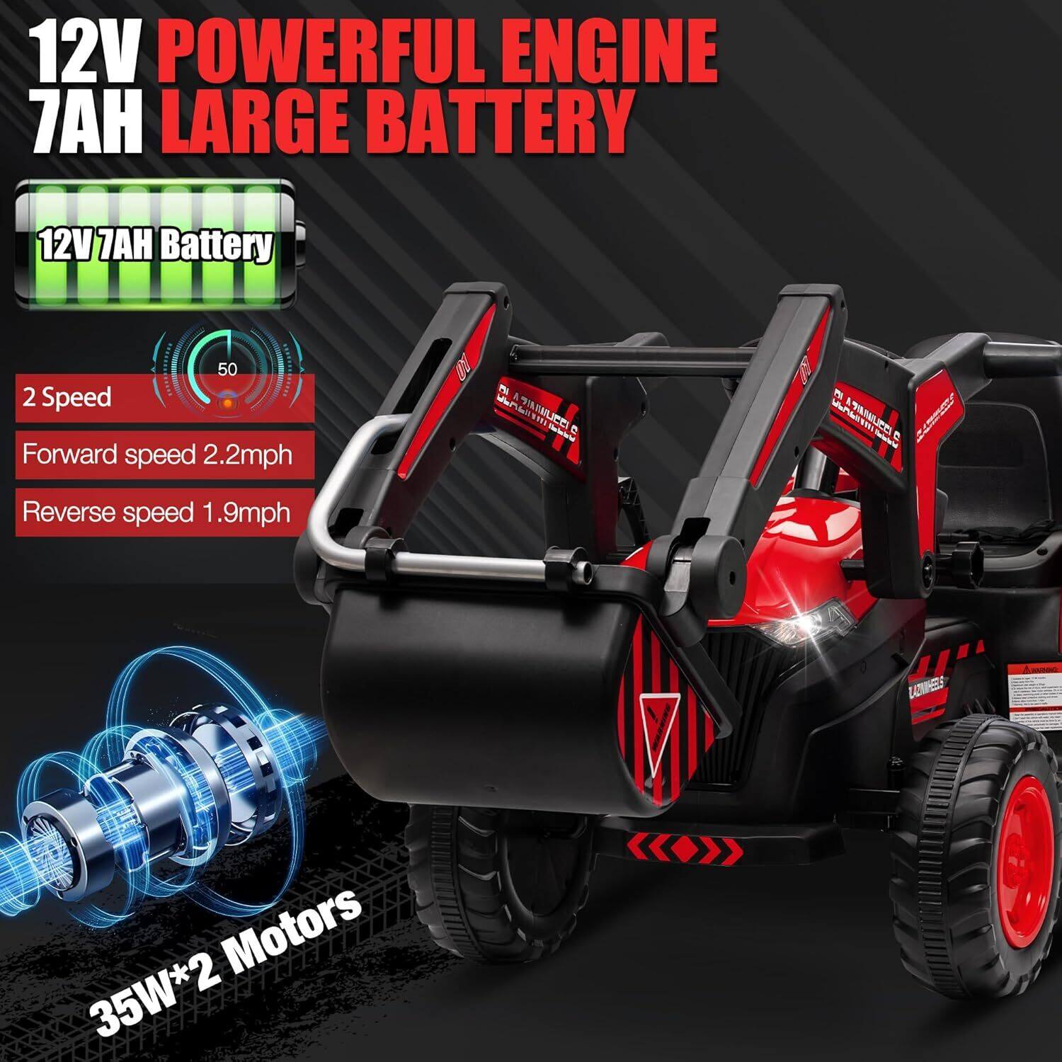 12V POWERFUL ENGINE  
7AH LARGE BATTERY  

12V 7AH Battery  

2 Speed  
Forward speed 2.2mph  
Reverse speed 1.9mph  

35W*2 Motors