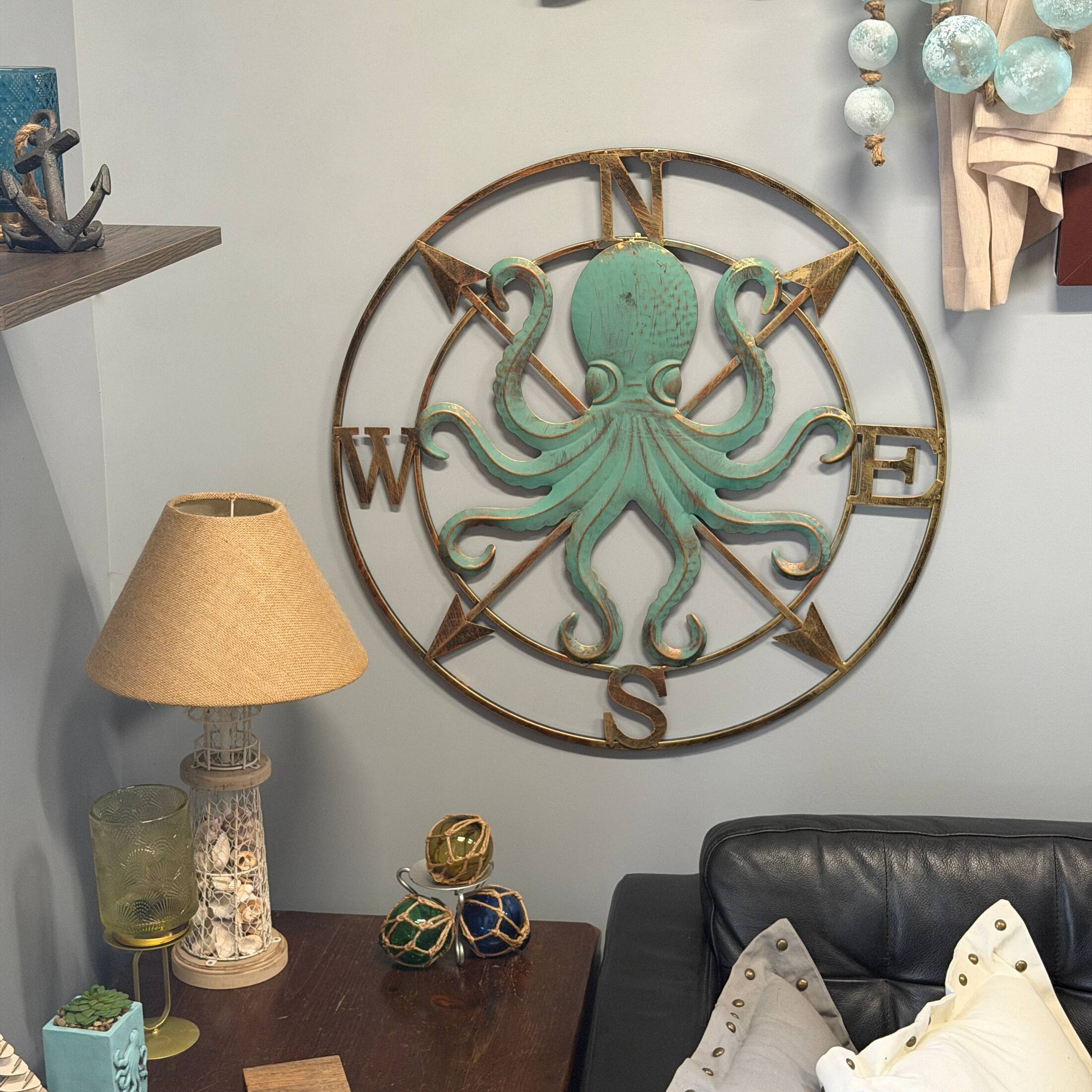 Alt View 4. Zeckos - 28 Inch Metal Octopus Compass Rose Wall Sculpture Aqua Bronze Nautical Decor - Aqua.