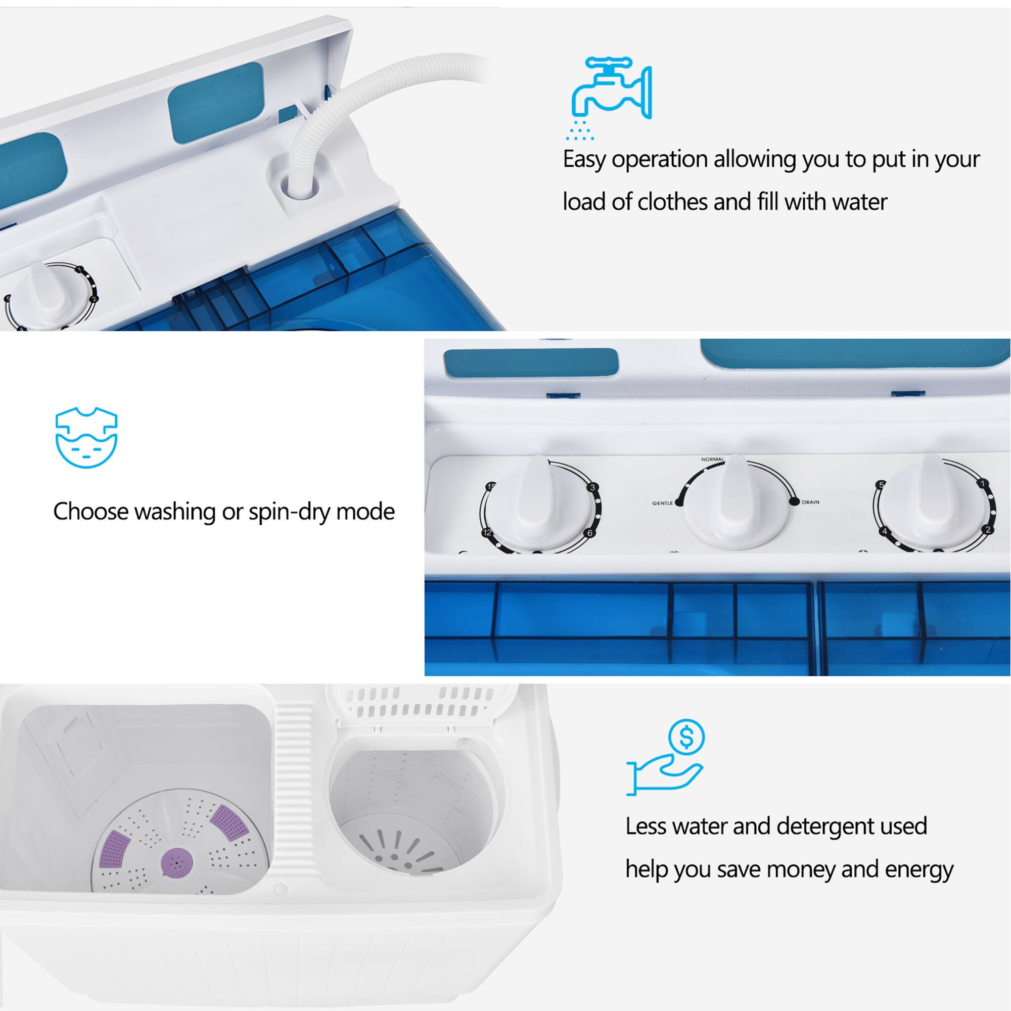Easy operation allowing you to put in your load of clothes and fill with water.

Choose washing or spin-dry mode.

Less water and detergent used help you save money and energy.