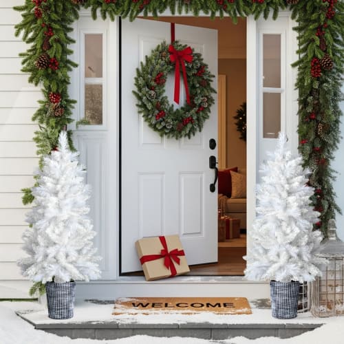 Winado - 2PCS 4FT Artificial Christmas Flocked Small Tree with Plastic Pot Stand, Branch for Indoor Holiday Party Room Decoration - White
