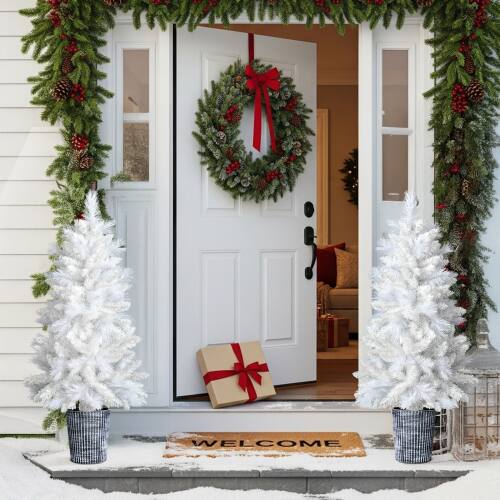 Front. Winado - 2PCS 4FT Artificial Christmas Flocked Small Tree with Plastic Pot Stand, Branch for Indoor Holiday Party Room Decoration - White.