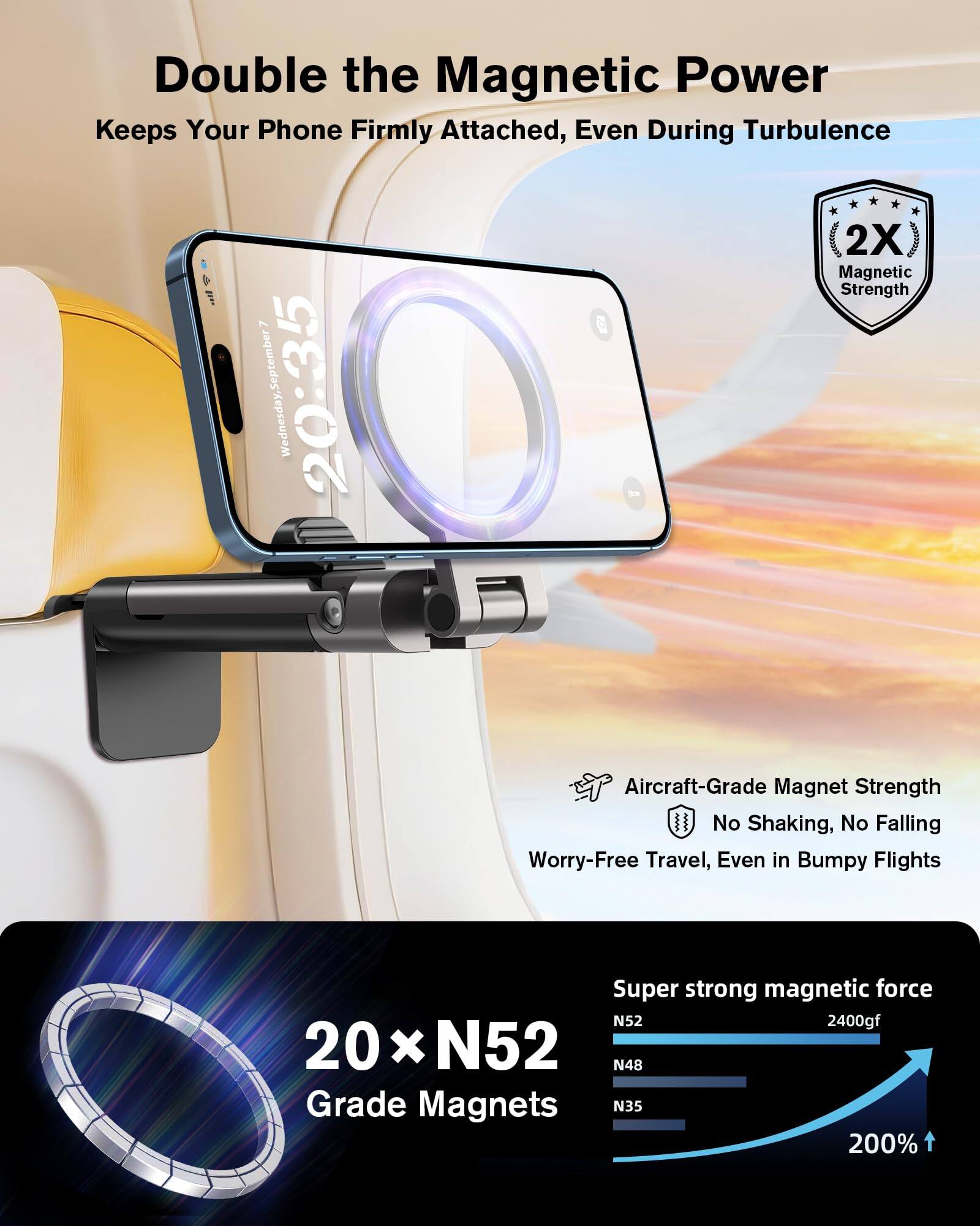 Double the Magnetic Power  
Keeps Your Phone Firmly Attached, Even During Turbulence  

2X Magnetic Strength  
Aircraft-Grade Magnet Strength  
No Shaking, No Falling  
Worry-Free Travel, Even in Bumpy Flights  

20 x N52 Grade Magnets  
Super strong magnetic force  
N52 2400gf  
N48  
N35  
200%