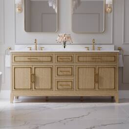 WELLFOR - 72 in Luxury Solid Bathroom Vanity with Double Sink, Bathroom Cabinet with 3 Soft-Close Drawers and 2 Flip Drawers - Oak