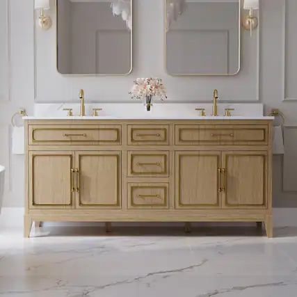 Front. WELLFOR - 72 in Luxury Solid Oak Bathroom Vanity with Double Sink, Bathroom Cabinet with 3 Soft-Close Drawers and 2 Flip Drawers - Oak.