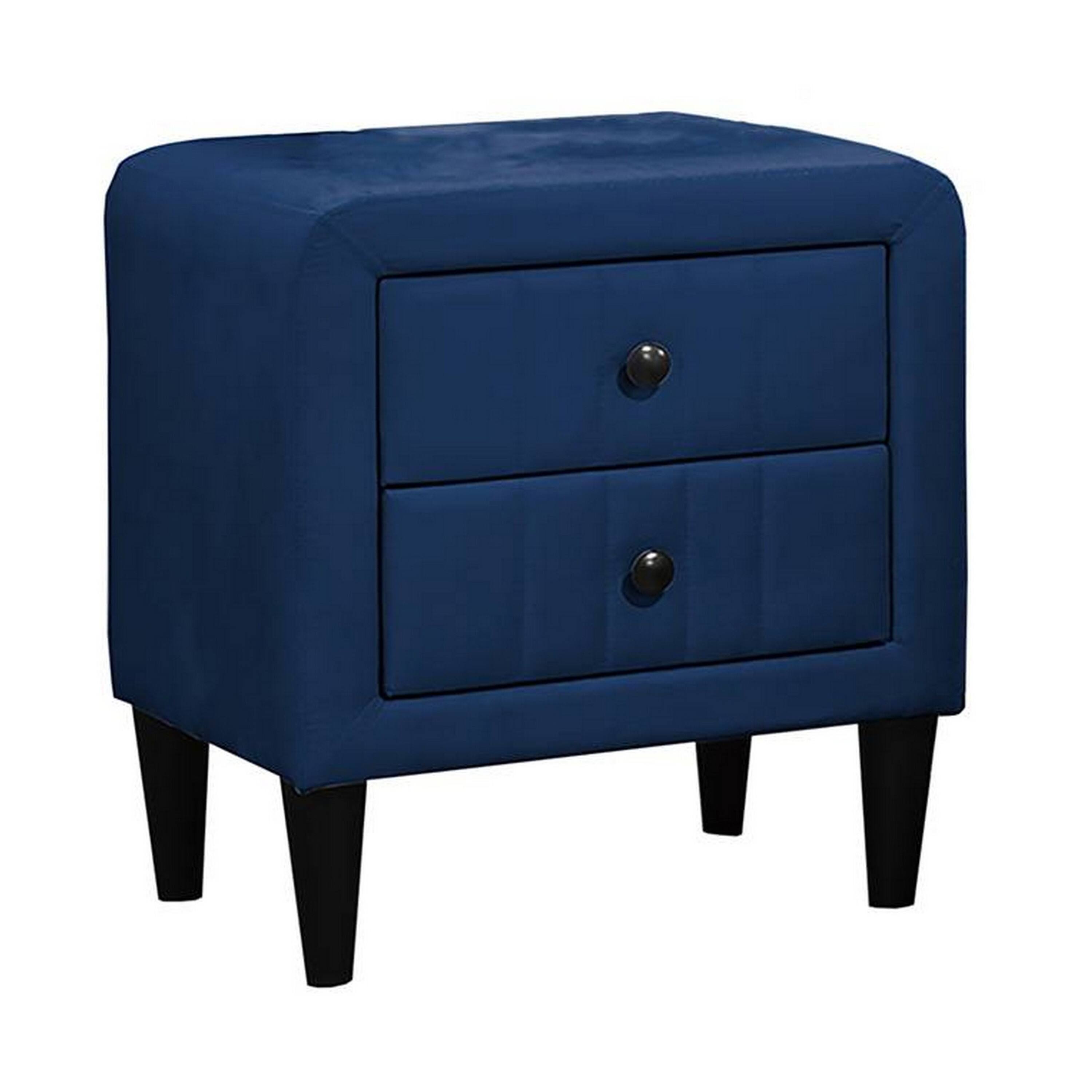 Front. Manhattan Lane - Rheo Nightstand, 2 Drawers, 22 Inch Upholstered in Navy Blue Velvet - Navy Blue, Black.