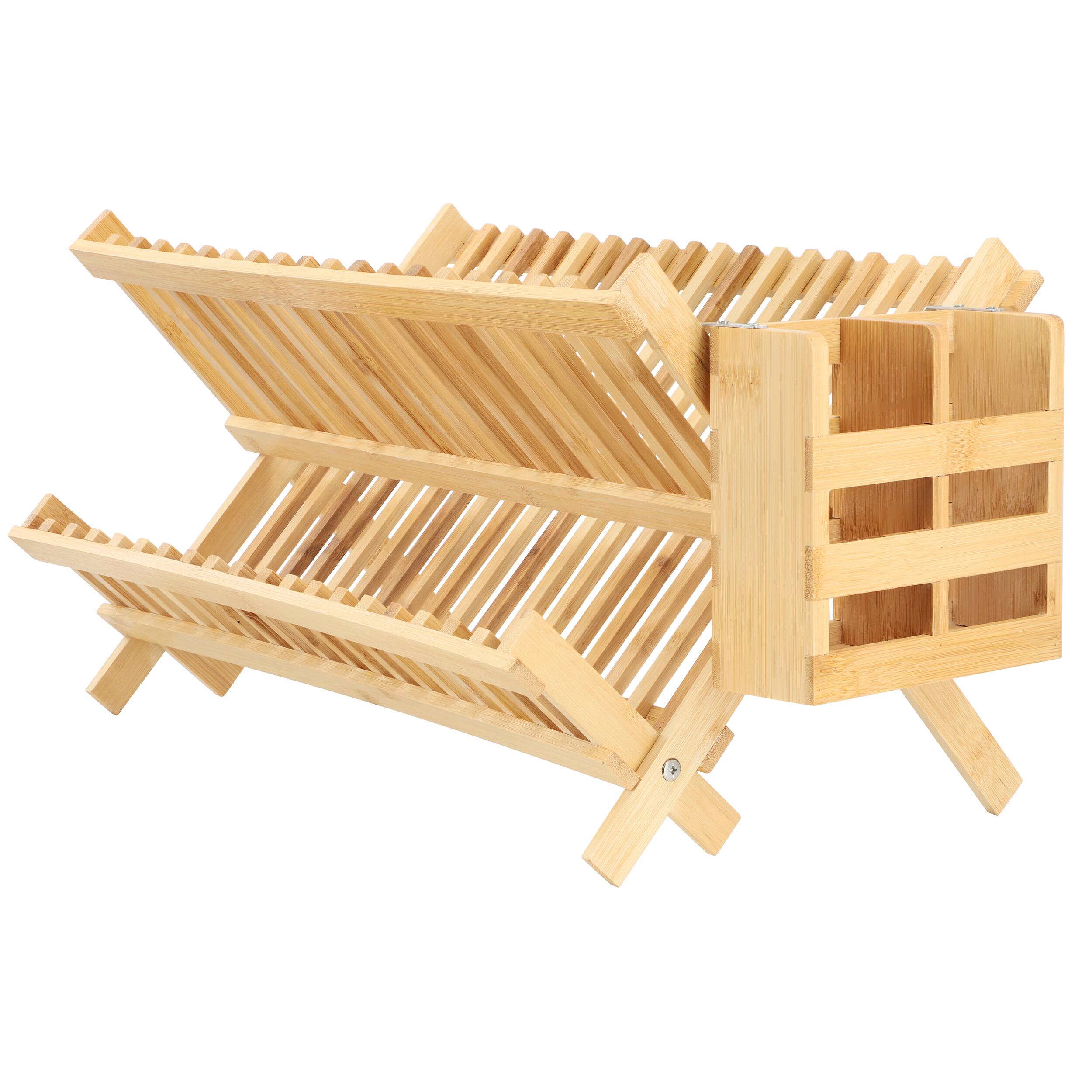 Alt View 2. MegaChef - MegaChef 2 Tier Collapsible Kitchen Bamboo Drying Dish Rack with Utensil Holder - Brown.
