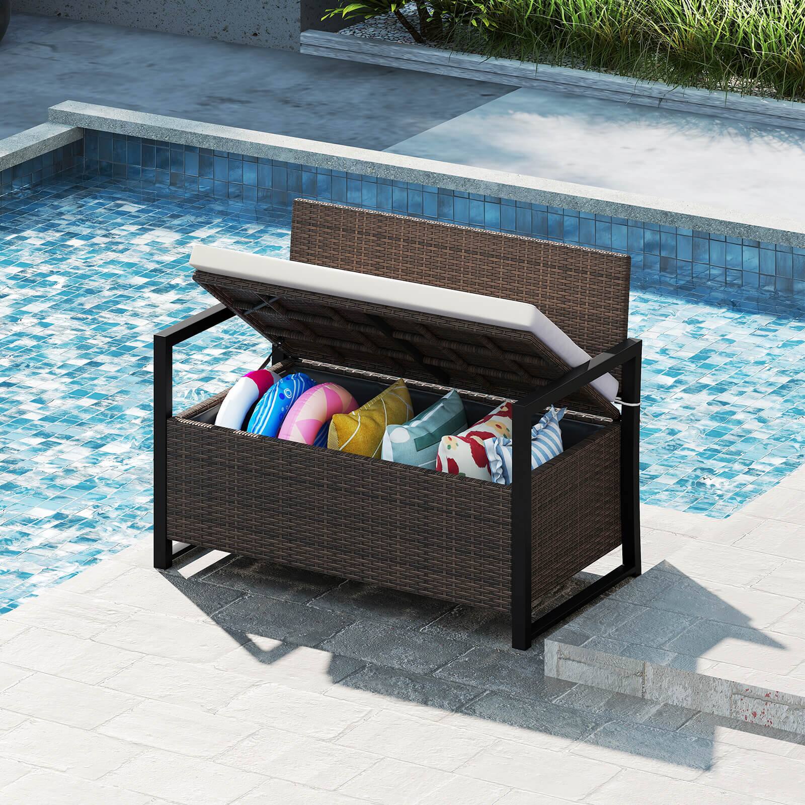 Alt View 4. Costway - Costway Patio Storage Bench Wicker Loveseat with Built-in Storage & Long Seat Cushion - Brown.