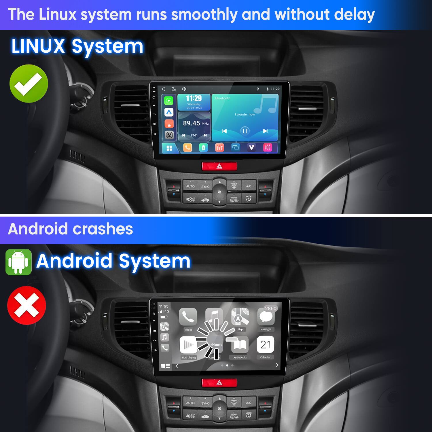The Linux system runs smoothly and without delay  
LINUX System

Android crashes  
Android System