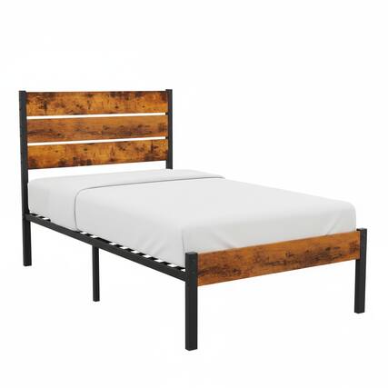 Front. AOITUN - Twin Size Industrial Bed Frame, Rustic Wood Headboard & Footboard, 800LBS Capacity, 12" Underbed Storage. - Rustic.