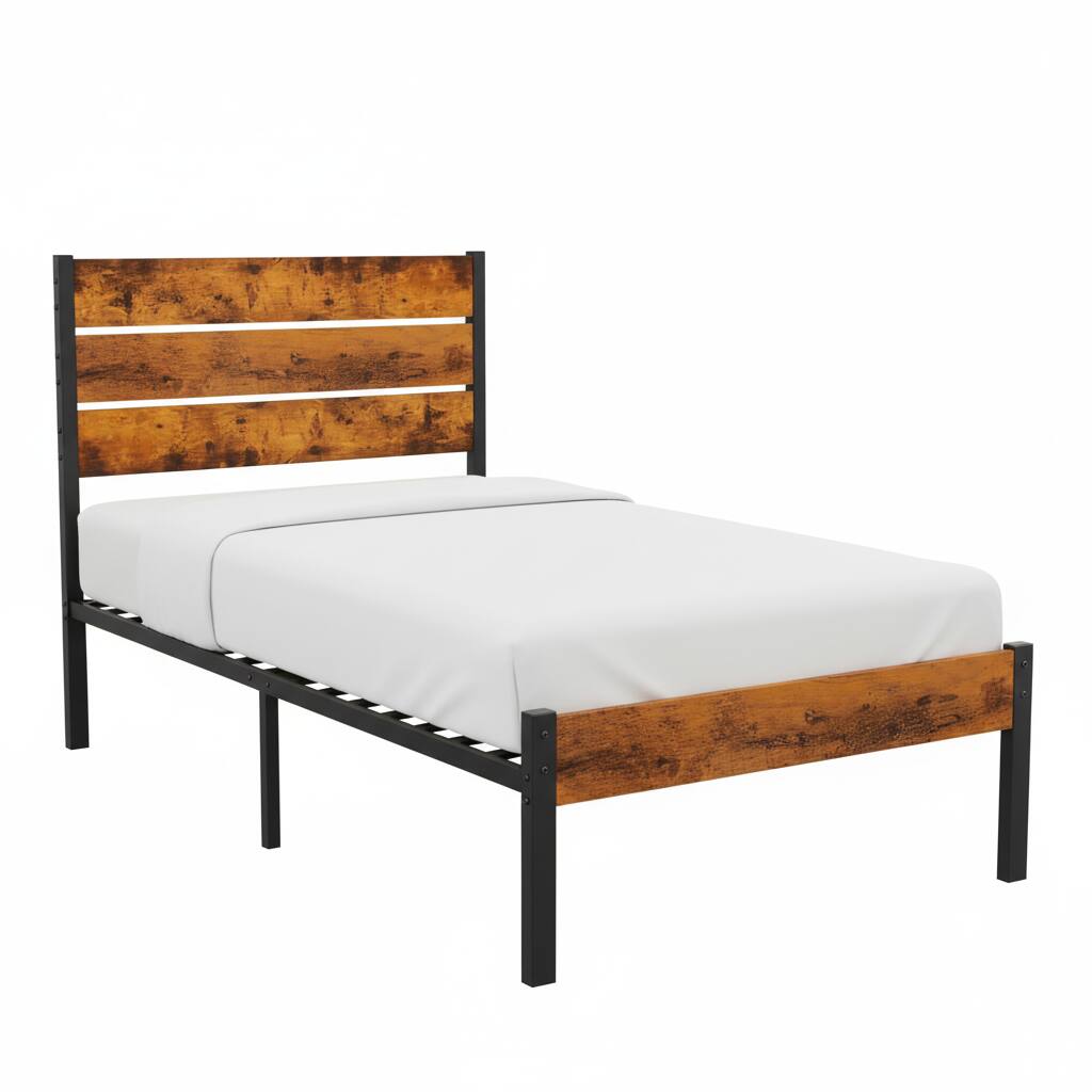 Front. AOITUN - Twin Size Industrial Bed Frame, Rustic Wood Headboard & Footboard, 800LBS Capacity, 12" Underbed Storage. - Rustic.