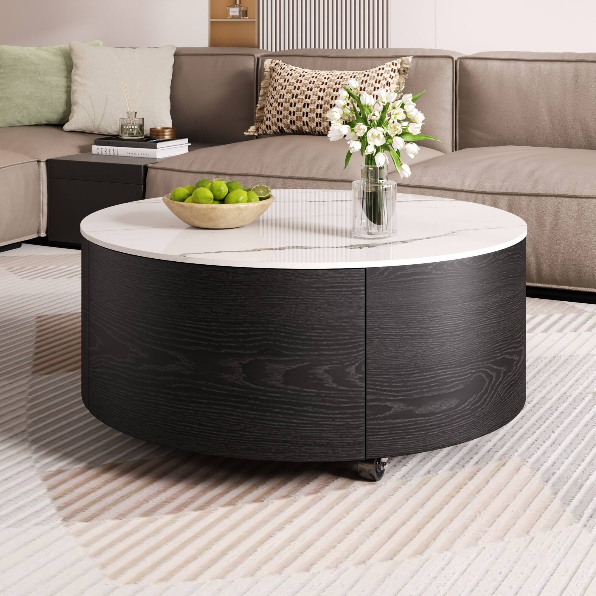Alt View 1. GOODSILO - Modern Round Mobile Coffee Table with Two Drawers and Marble-Pattern Top - Black.