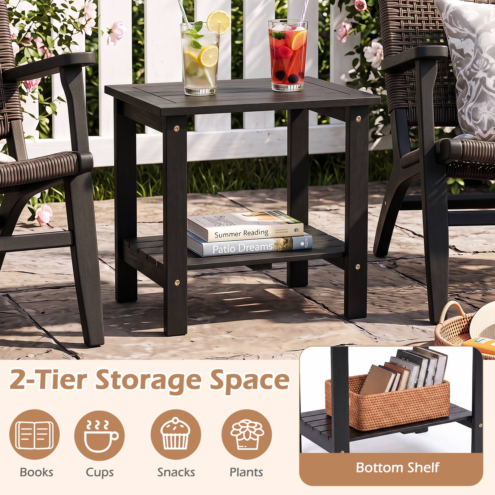 Sumpart mg 508 Summer Reading Patio Dreams

3:
2-Tier Storage Space
Books
Cups
Snacks
Plants
Bottom Shelf