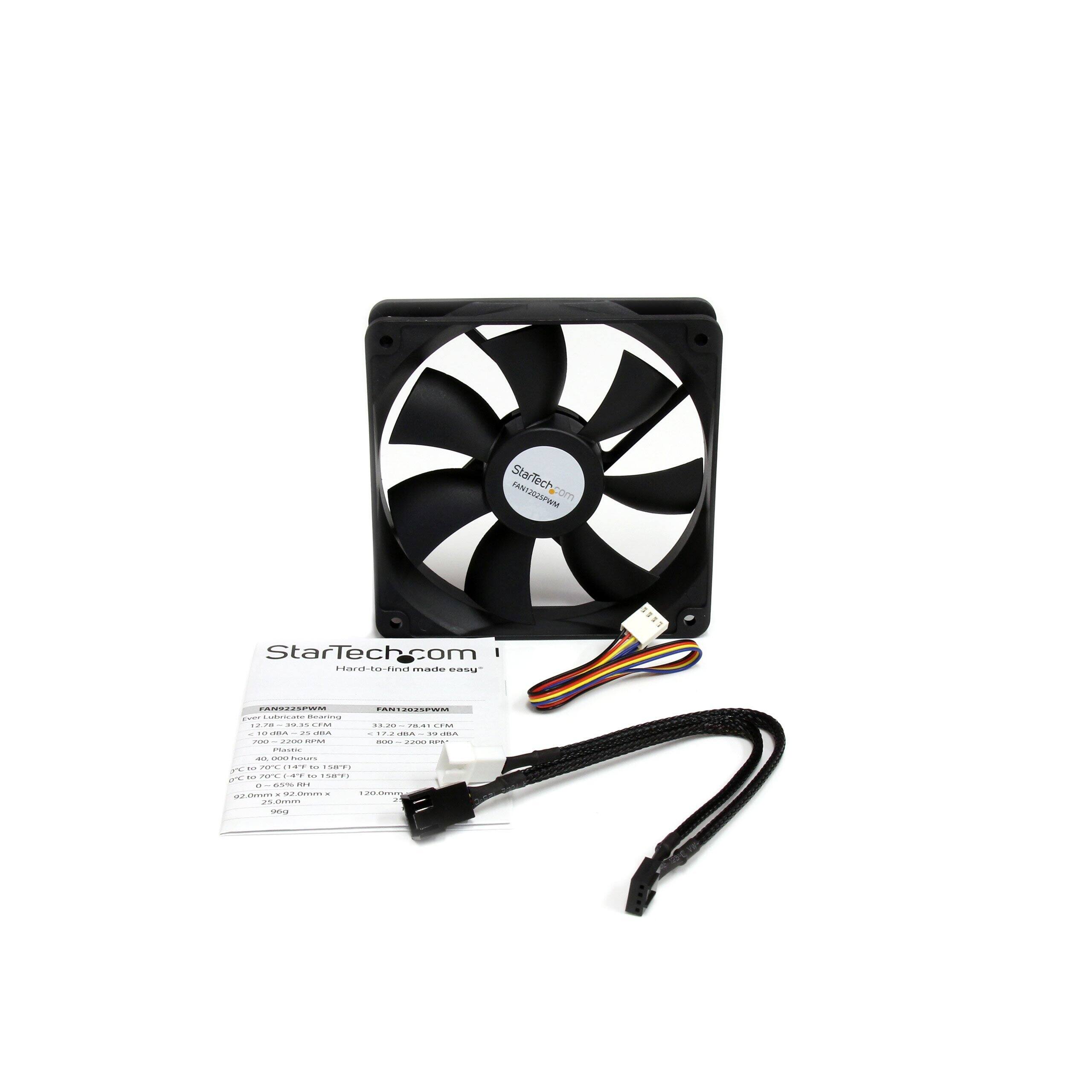 StarTech.com  
Hard-to-find made easy

FAN12325PWM  
FAN12325PWM

127.8 x 99.5 x 35.5 CMF  
31.20 x 84.5 CMF

700 - 2200 RPM  
800 - 2200 RPM

40,000 hours  
158°F

-20°C to 70°C (-4°F to 158°F)

220mm x 92.0mm x 96g  
120.0mm x 92.0mm x 96g