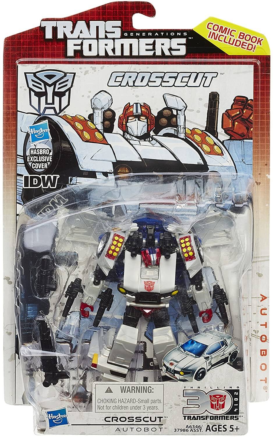 TRANSFORMERS GENERATIONS COMIC BOOK FORMERS INCLUDED! TM  
CROSSCUT  
Hasbro HASBRO EXCLUSIVE COVER IDW MOD  
WARNING: THRILLING AUTOBOT CHOKING HAZARD - Small parts. Not for children under 3 years.  
CROSSCUT TRANSFORMERS A6346/ AGES 5+ AUTOBOT 37986 ASST.
