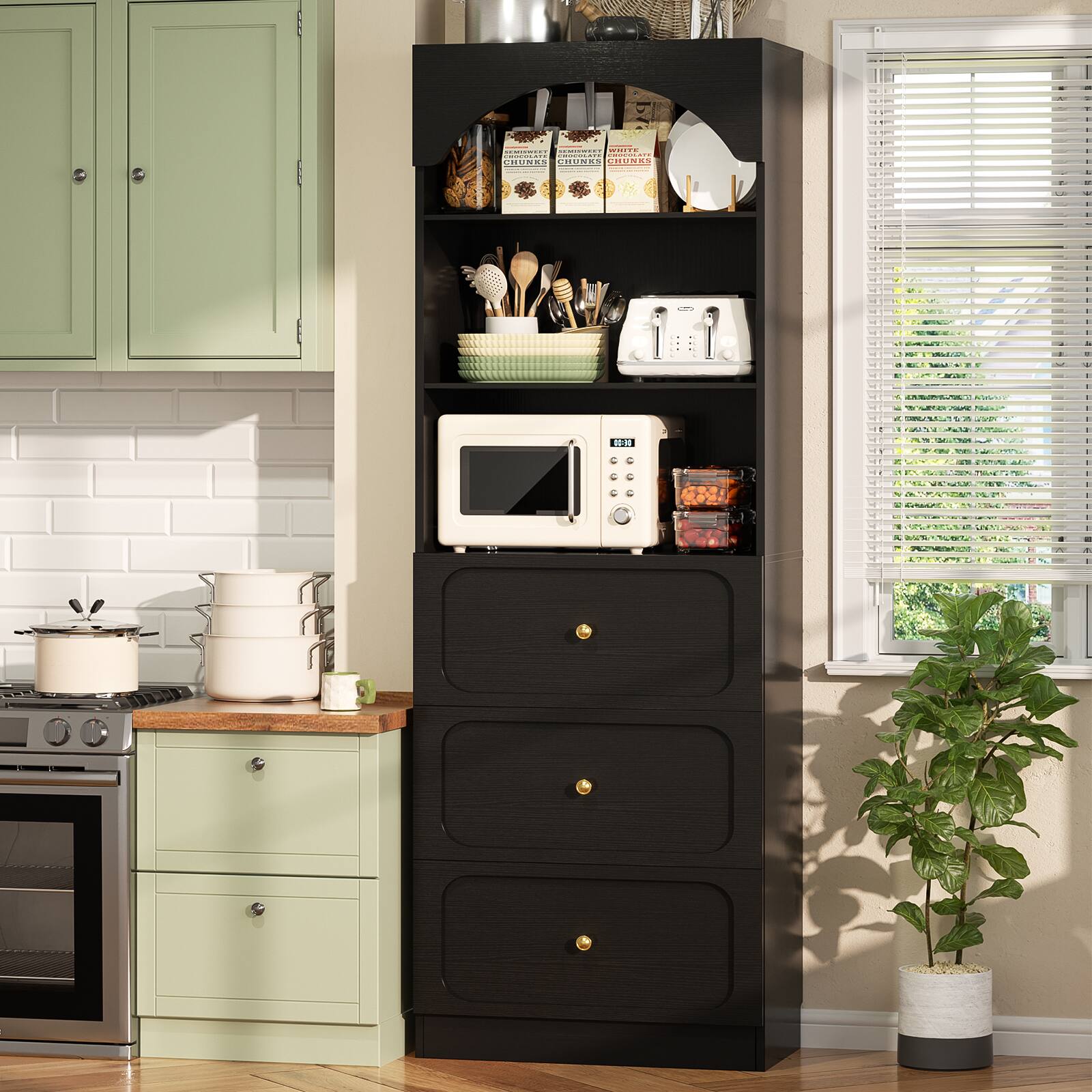 Alt View 1. Aheaplus - 80"Tall Arched Bookcase with 3 Drawers & 3-Tier Open Shelves – Wooden Storage Cabinet for Living Room, Kitchen - Black.