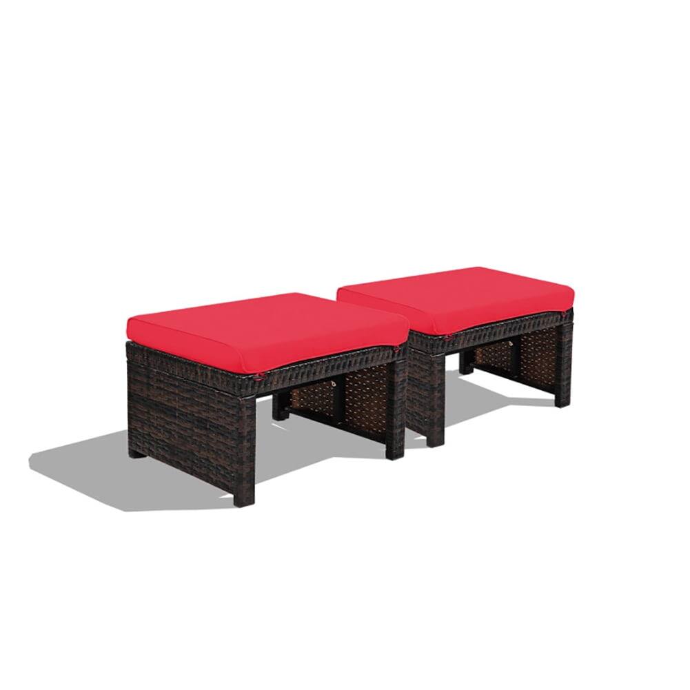 Angle. Kadyn - 2 Pieces Patio Rattan Ottomans with Soft Cushion for Patio and Garden-Red, All Weather Wicker Ottoman - Red.