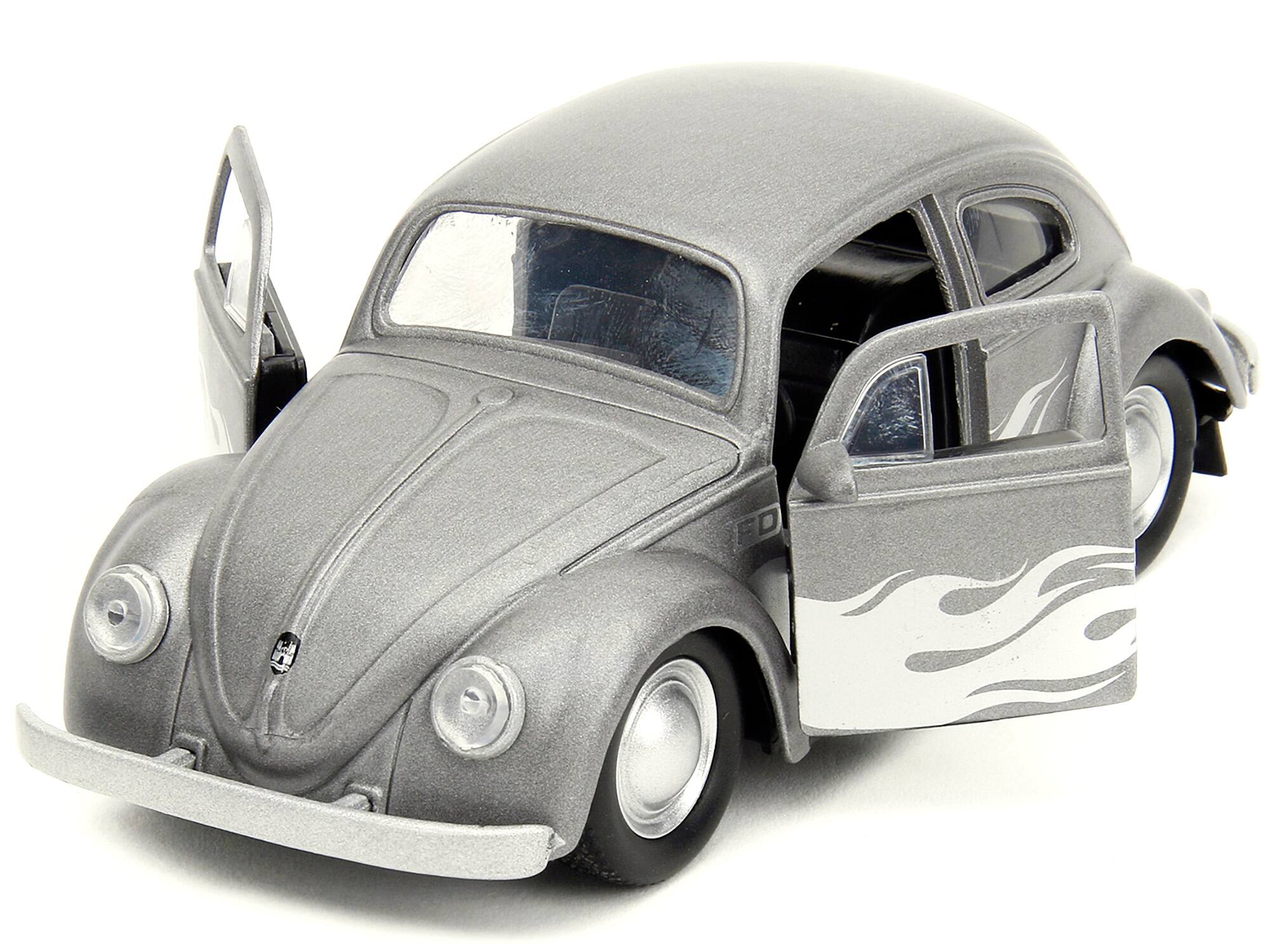 Left. Jada - 1959 Volkswagen Beetle Gray Metallic with Silver Flames and Boxing Gloves Accessory "Punch Buggy" Series 1/32 - Gray Metallic With Silver Flames.