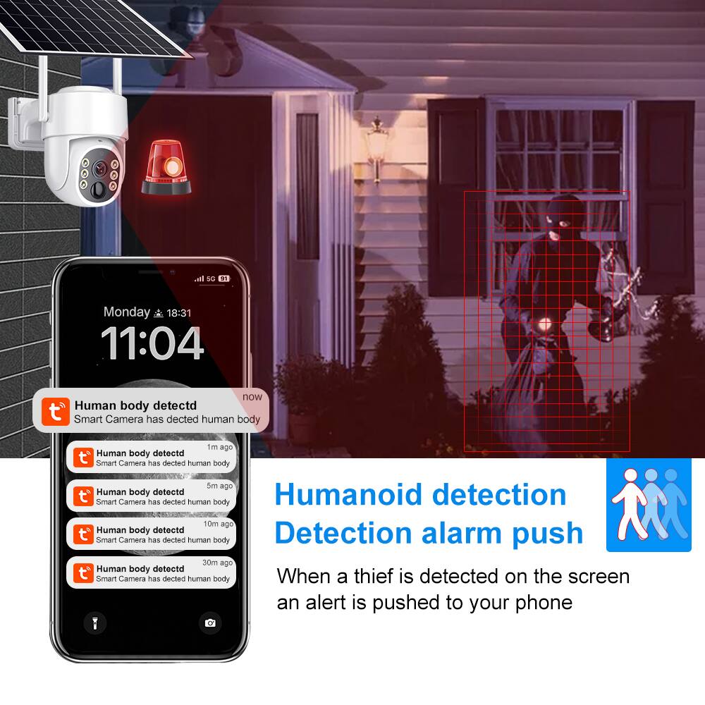 Humanoid detection  
Detection alarm push  

When a thief is detected on the screen, an alert is pushed to your phone  

Human body detected  
Smart Camera has detected human body  

- now  
- 1m ago  
- 5m ago  
- 10m ago  
- 30m ago