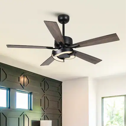 Front. Parrot Uncle - 52" Black Wooden 5-Blade Dimmable Modern Ceiling Fan with Light and Remote - Black.