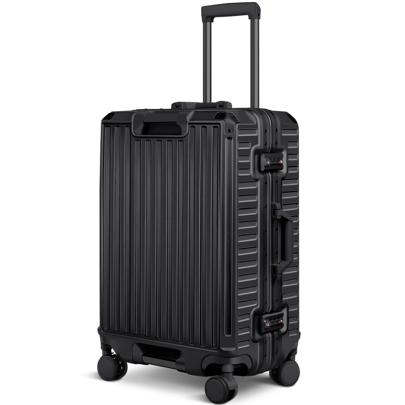 Front. Sugift - 28" Hardside Checked Luggage Aluminum Frame Lightweight Suitcase with Spinner Wheels, TSA Lock & Cup Holder - Black.