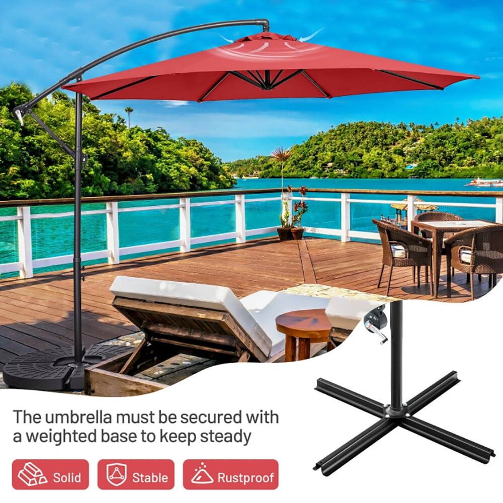 The umbrella must be secured with a weighted base to keep steady.  
Solid, Stable, Rustproof