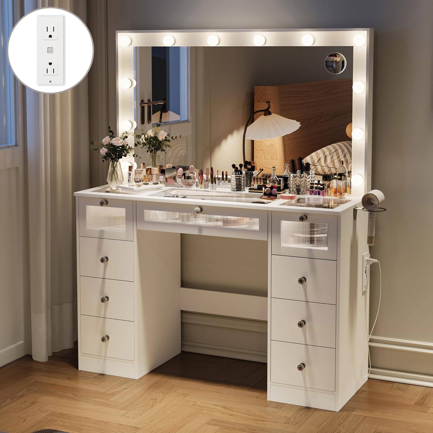 Front. DIYSET - DIYSET 9-Drawers Makeup Vanity with Lighted 36.9" Mirror, Glass Top Vanity Desk with 3 Color Bulbs, Charging Station - White.