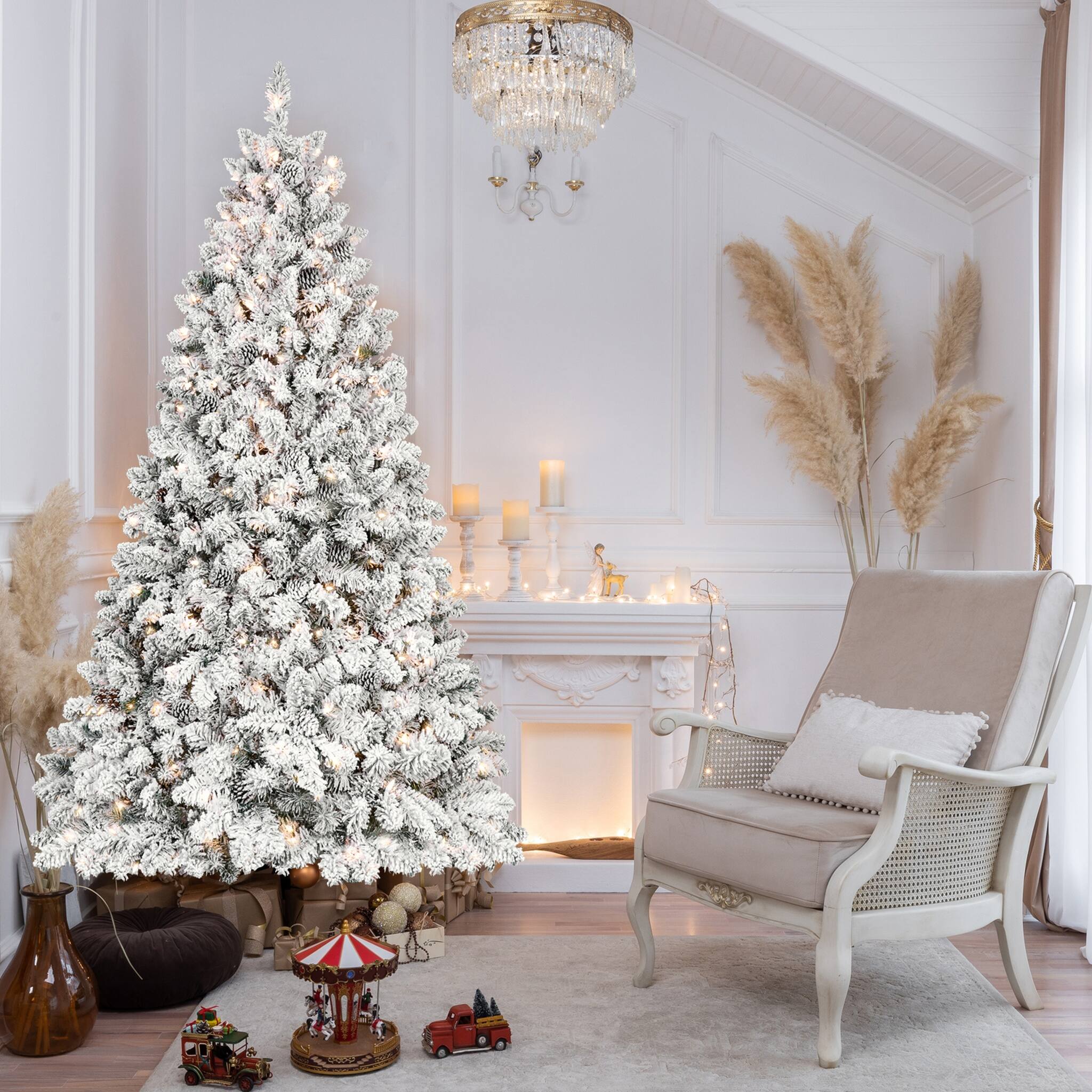 Left. Forest'nSky - 5 ft. Flocked PVC Christmas Tree with 300 UL Lights and 27 Natural Pine Cones, 600 Tips - Green,White.