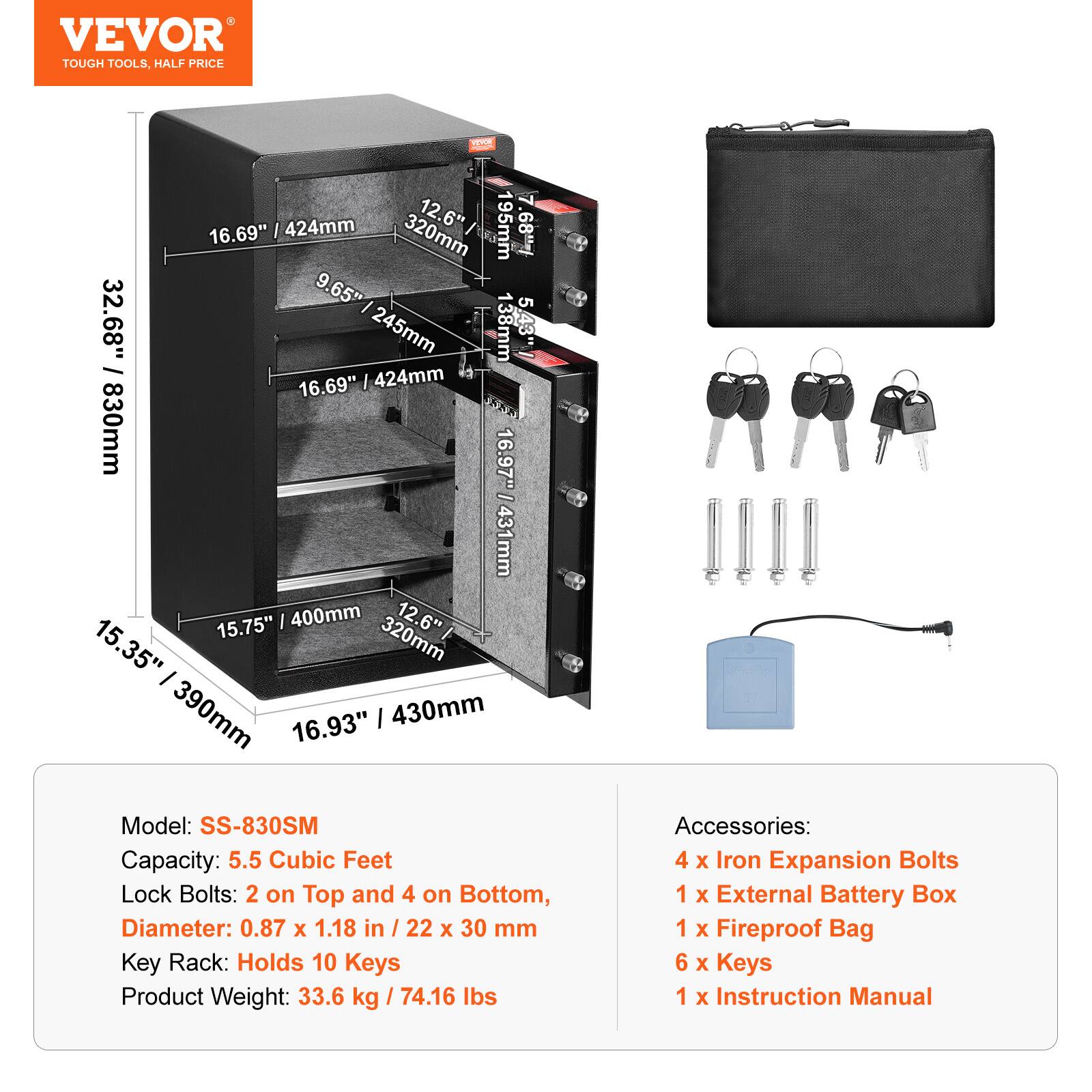 VEVOR Double Doors 5.5 cu.ft Safe Box with Key Lock & Password