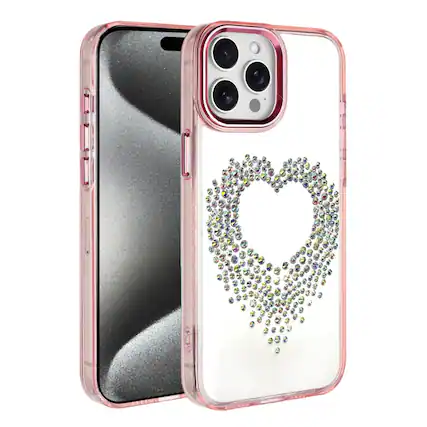 Front. Kitcheniva - Heart Shaped Rhinestones Cover Phone Case With 2 Pcs Tempered Glass For iPhone 15 Pro Max Rose Gold - Rose Gold.