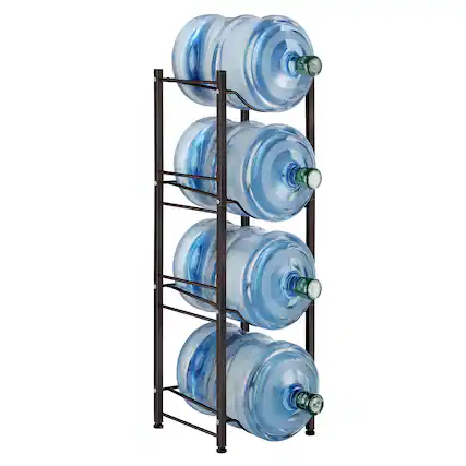 Front. Oumilen - Brown 4-Tier Square Tube Water Bottle Rack, Heavy Duty 5 Gallon Water Jug Storage Holder with Adjustable Feet - Brown.