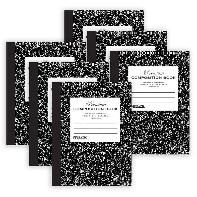 BAZIC Products - Premium Composition Book, Wide Ruled, Black Marble, 100 Sheets, Pack of 6 - 9-3/4" x 7-1/2"