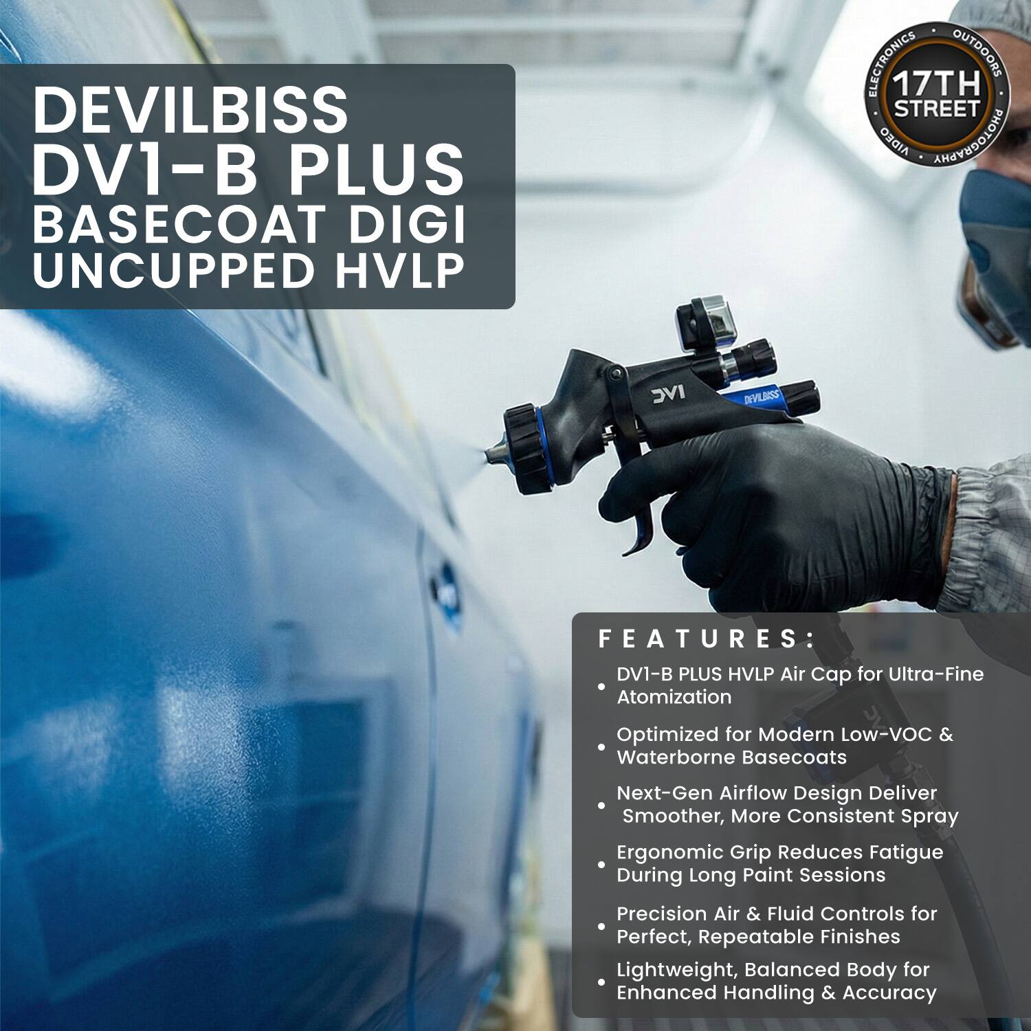 DEVILBISS DV1-B PLUS BASECOAT DIGI UNCUPPED HVLP

FEATURES:
- DV1-B PLUS HVLP Air Cap for Ultra-Fine Atomization
- Optimized for Modern Low-VOC & Waterborne Basecoats
- Next-Gen Airflow Design Deliver Smoother, More Consistent Spray
- Ergonomic Grip Reduces Fatigue During Long Paint Sessions
- Precision Air & Fluid Controls for Perfect, Repeatable Finishes
- Lightweight, Balanced Body for Enhanced Handling & Accuracy