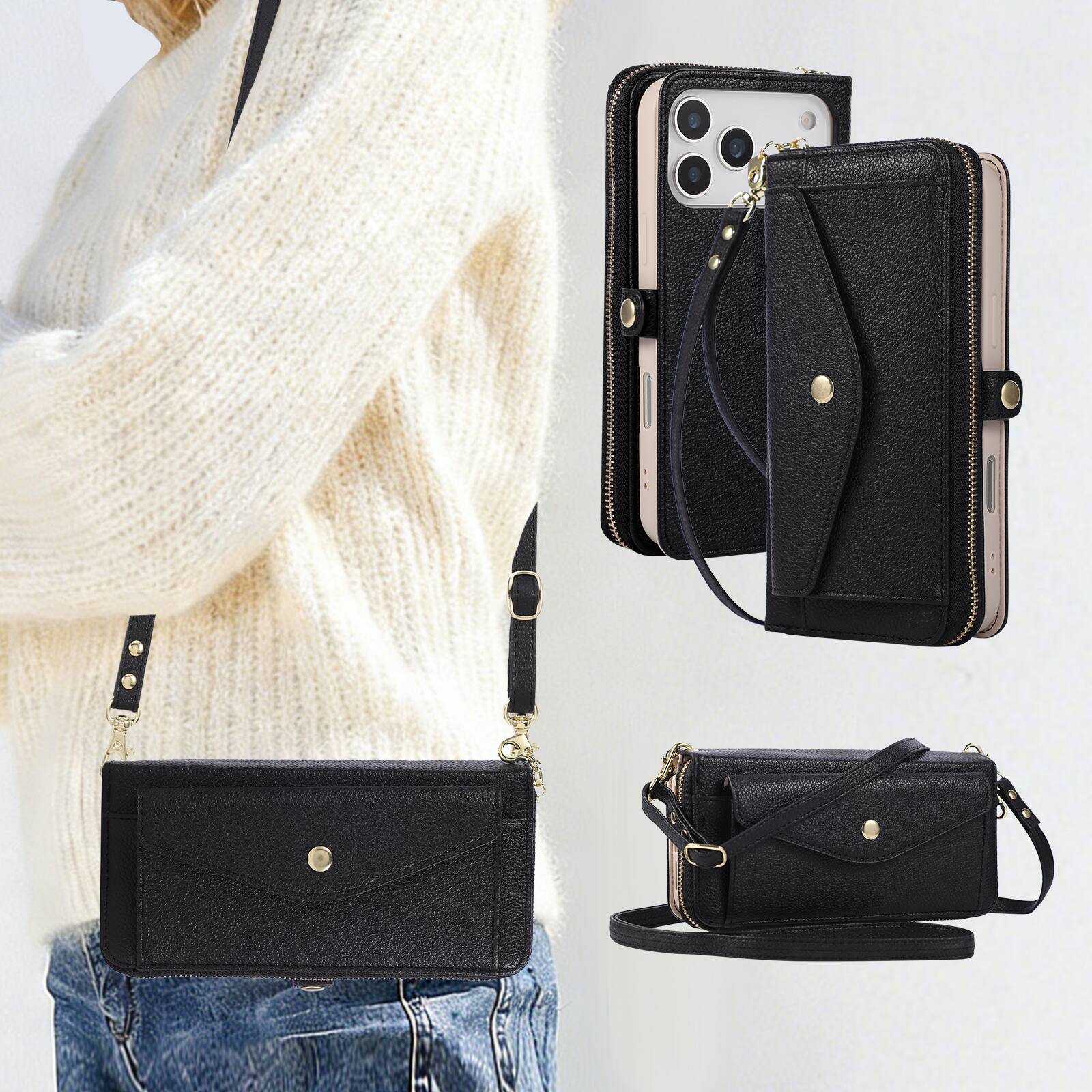 Alt View 5. Dteck - Leather Wallet Phone Case for Apple iPhone 17 Pro with Crossbody Strap, Shockproof Zipper Pocket Mirror Stand Cover - Black.