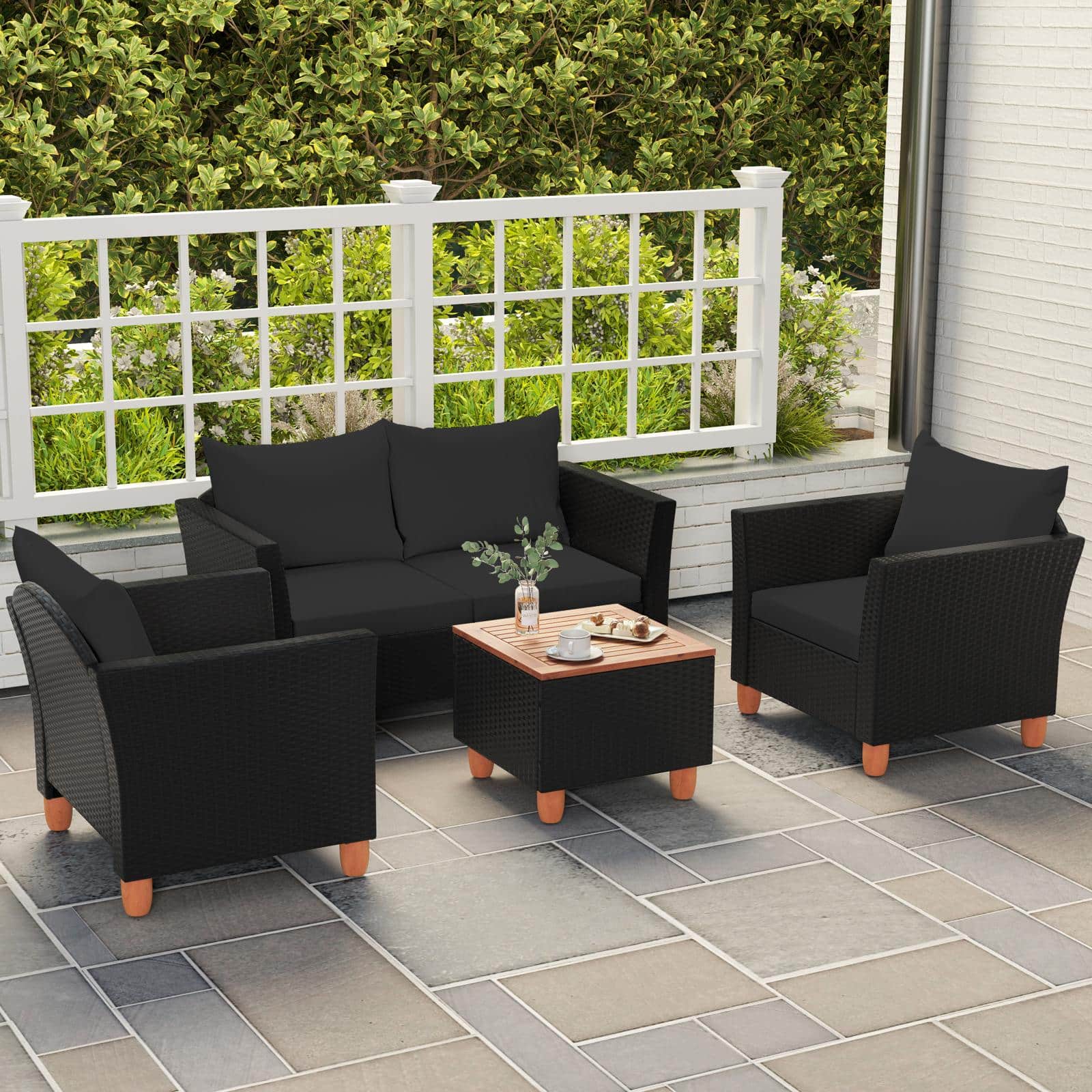Costway - 4 Piece Outdoor Conversation Set, Patio Cushioned Chairs with Storage Coffee Table - Black