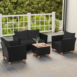 Costway - 4 Piece Outdoor Conversation Set, Patio Cushioned Chairs with Storage Coffee Table - Black